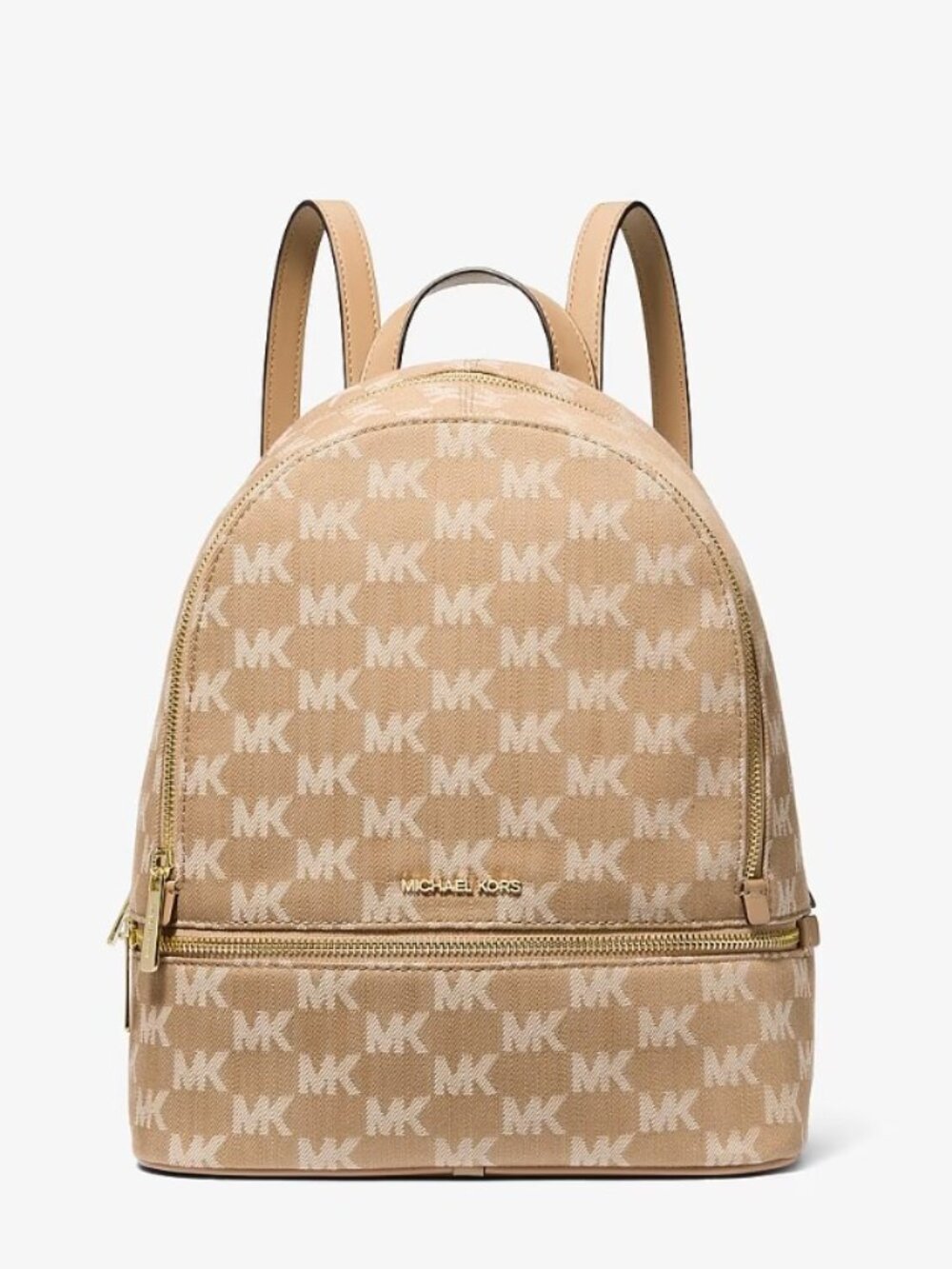 NWT Michael Kors Rhea Medium Logo Jacquard Denim Backpack Camel Gold Hardware